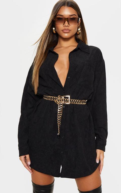 Black Cord Pocket Front Oversized Shirt Dress, Black