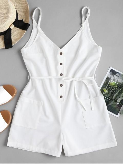 Belted Button Up Slip Romper White