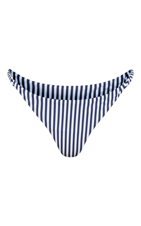 Navy And White Stripe Twist Side Bikini Bottom