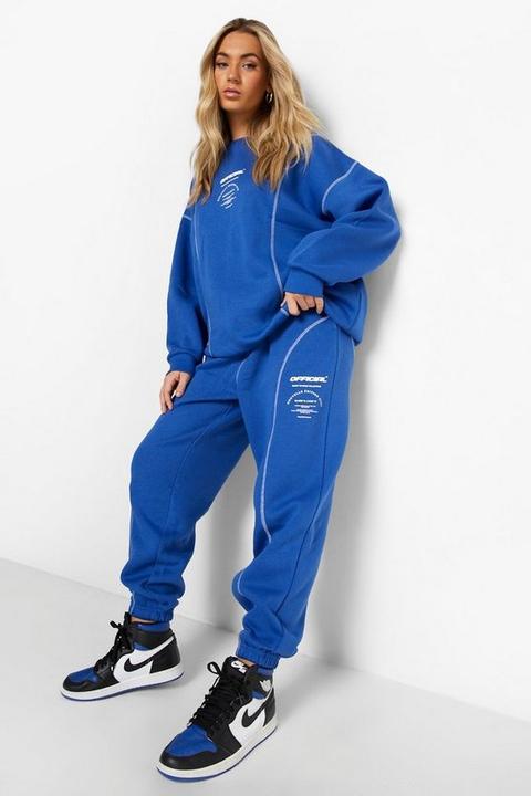 Womens Contrast Stitch Oversized Jumper Tracksuit - Blue - L, Blue