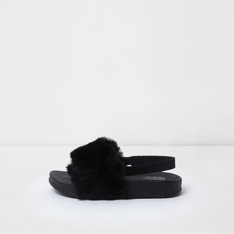 Mini Girls Black Faux Fur Sling Back Sliders