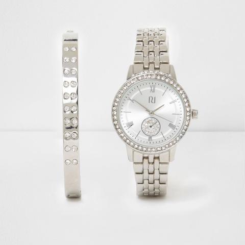 Silver Tone Watch And Bracelet Set