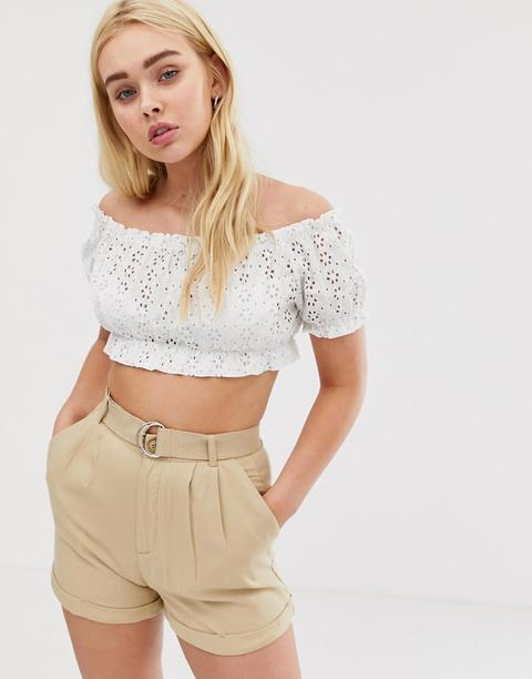 Pull&bear - Top Corto In Pizzo Bianco - Bianco