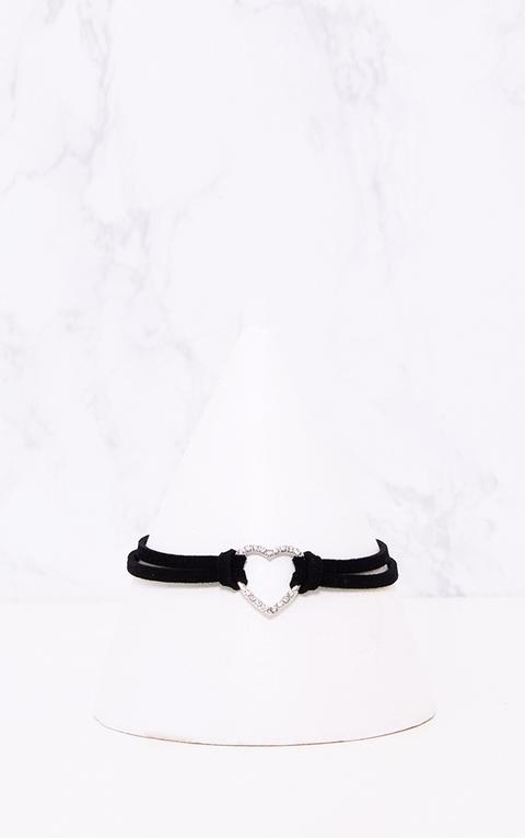 Black Suede Diamante Heart Choker