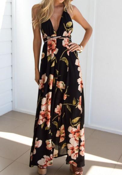 Vestido Largo Floral Espalda Cruzada Correa De Espagueti Backless De Cuello En V Profundo Negro