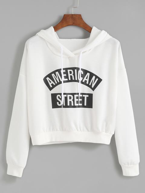 White Letter Print Hooded Sweatshirt