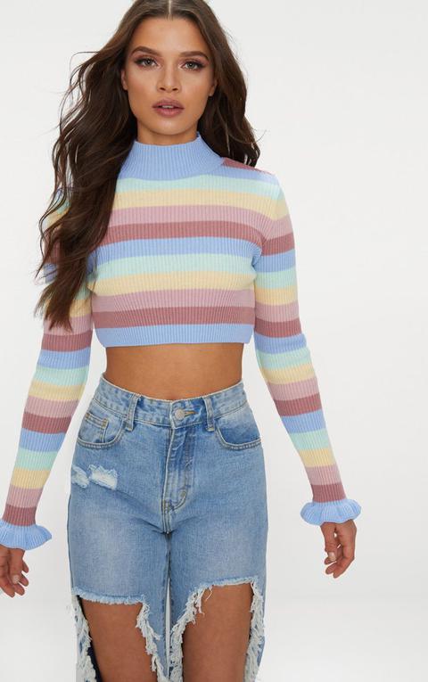 Multi Pastel Stripe Ribbed Cropped Jumper