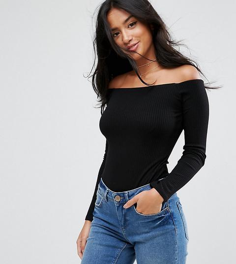 Asos Petite - Body Maniche Lunghe A Costa Con Spalle Scoperte - Nero