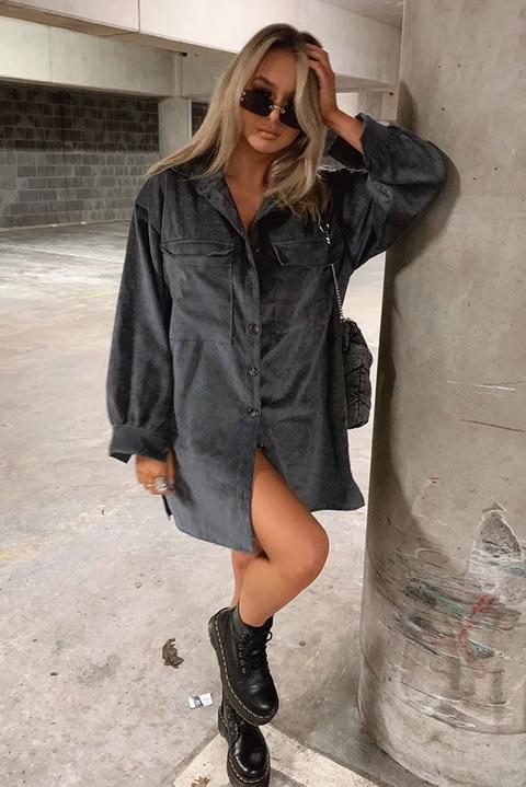 Grey Cord Pocket Detail Oversized Shirt Dress