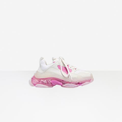 Triple S Clear Sole Sneaker In White And Pink Calfskin, Lambskin And Mesh