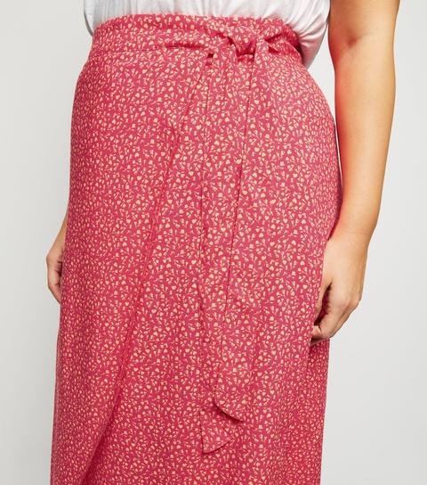 Curves Pink Floral Wrap Front Midi Skirt New Look