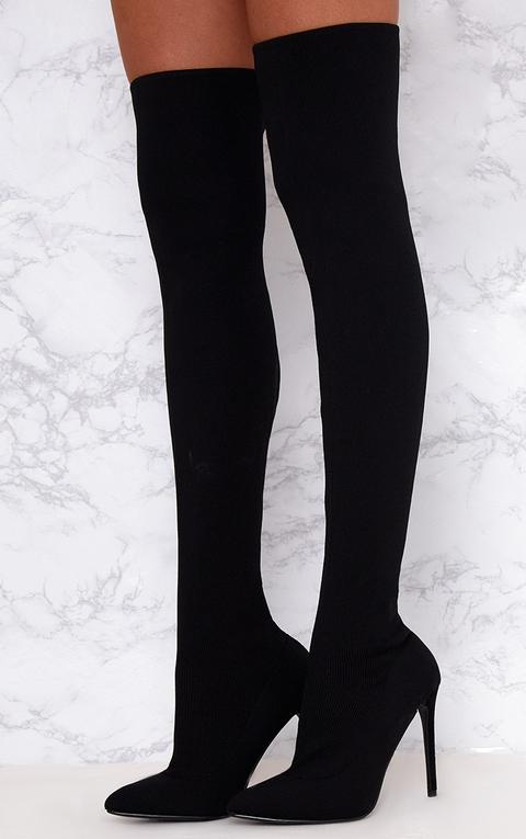 Black Knitted Pointy Thigh High Sock Boots