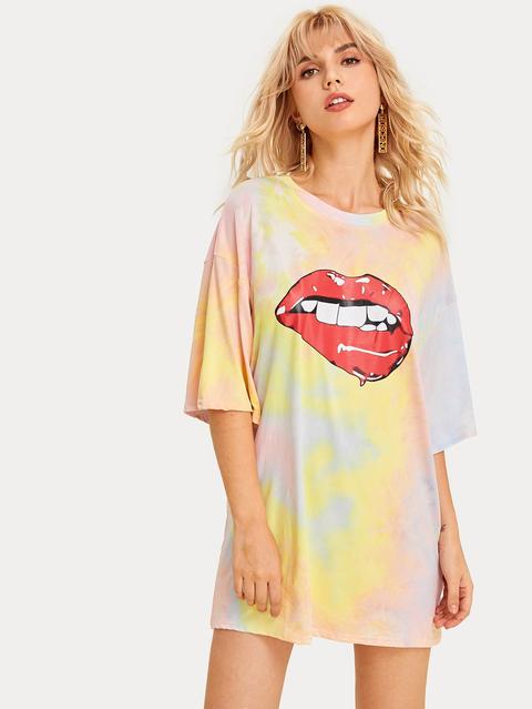 Abito Maglietta Tie Dye Con Stampa Labbra