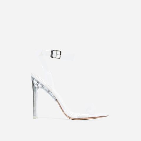 Invisible Barely There Flat Perspex Heel In White Faux Leather, White