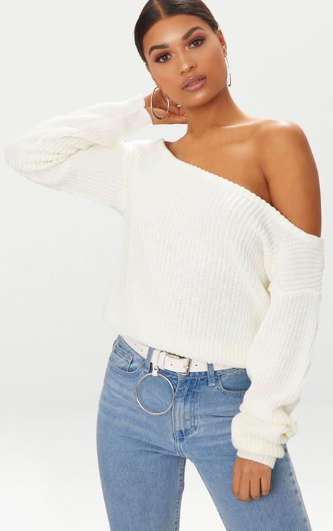 Cream Off The Shoulder Crop Knitted Jumper