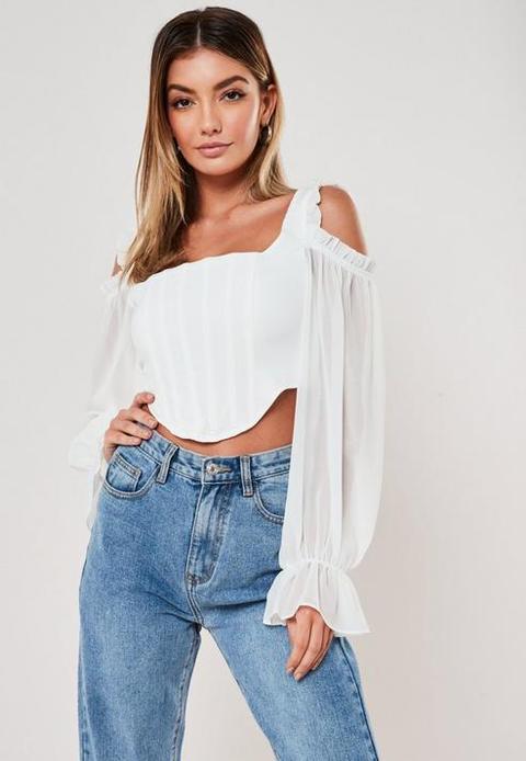 White Chiffon Cold Shoulder Corset Top, White