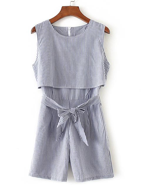 Vertical Striped Bow Tie Waist Playsuit