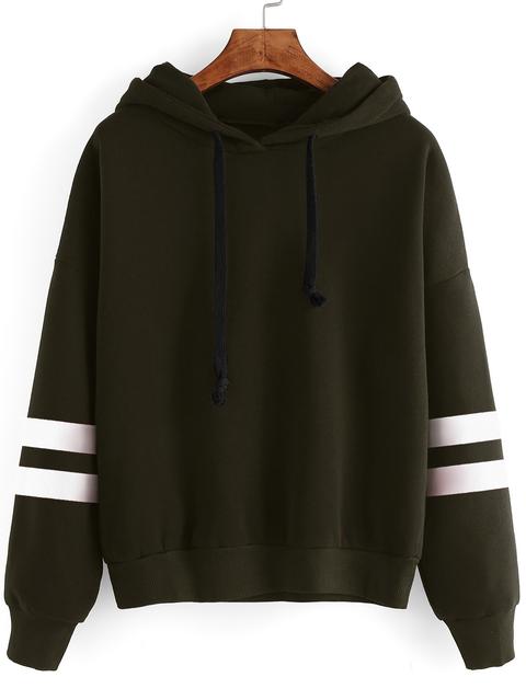 Army Green Hooded Striped Sweatshirt