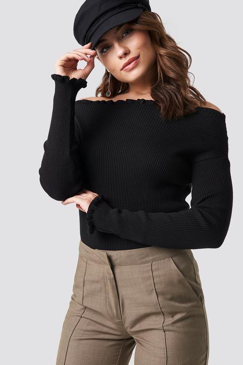 Knitted Frill Off Shoulder Sweater Black