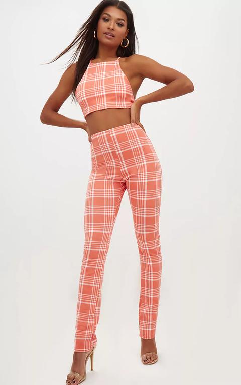 Orange Check Print Tapered Trousers, Orange