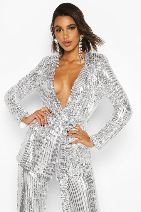 Womens Sequin Tie Belt Blazer - Grey