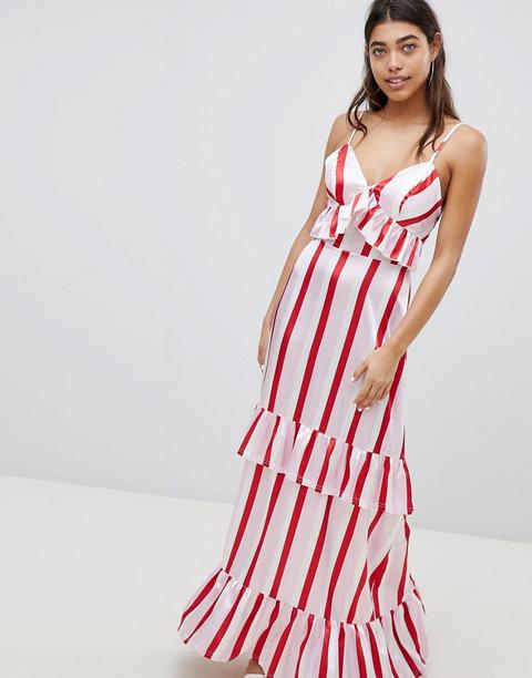 Boohoo - Vestito Lungo A Righe In Raso Con Volant - Rosa