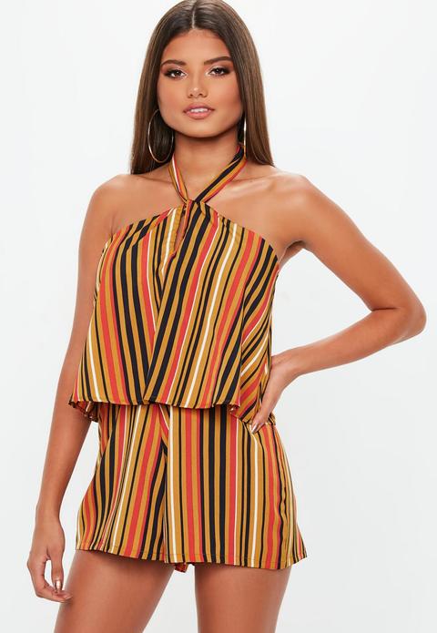 Twist Neck Halter Double Layer Playsuit, Multi