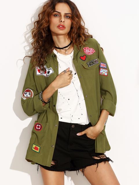 Olive Green Military Shirt Jacket With Embroidered Patch Detail