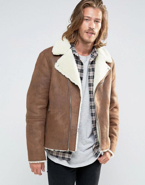 Asos Faux Shearling Biker Jacket In Brown