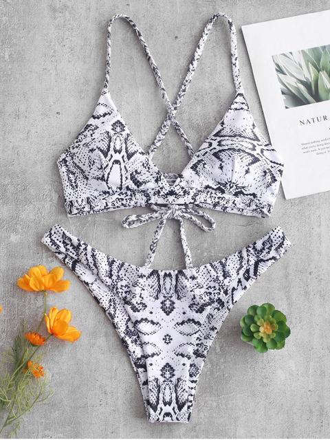 Bikini Con Cordones Con Estampado De Serpiente Trenzada Zaful Multi