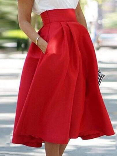 Falda Llanura Bolsillo Plisado Patinador Moda Suelta Midi Rojo
