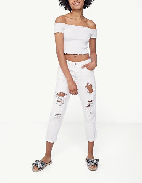 Denim Mom Fit Strappi Bianco