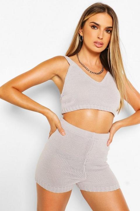 Womens Knitted Bralet & Shorts Co-ord - Grey - L, Grey