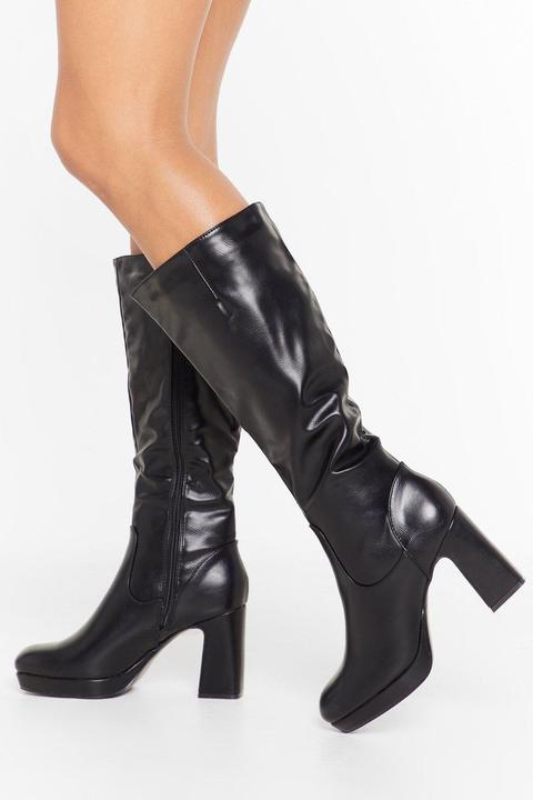 Womens Heel The Beat Faux Leather Knee High Boots