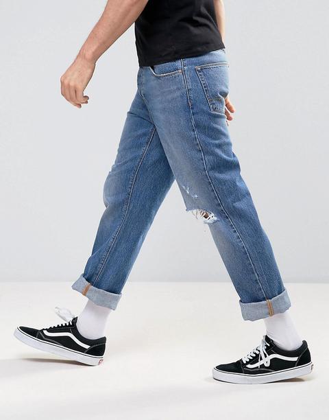 Asos - Jeans Dritti Con Ginocchio Strappato Blu Medio - Blu