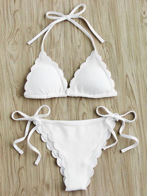 Scalloped Trim Side Tie Halter Bikini Set