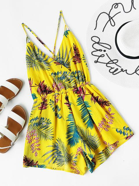 Printed Random Criss Cross Tie Back Surplice Romper