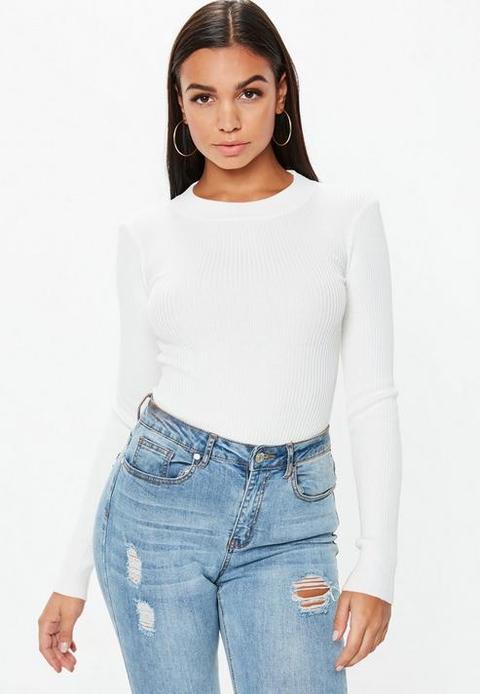 Cream Crew Neck Ribbed Knitted Bodysuit, White