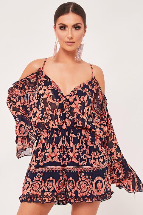 Ayla Navy Baroque Print Plunging Neckline Playsuit