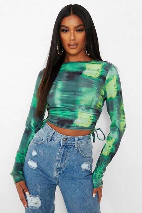 Womens Tie Dye Ruched Side Long Sleeve Crop - Green - 14, Green