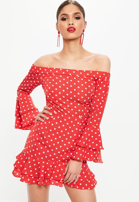 Red Bardot Polka Dot Flared Sleeve Dress