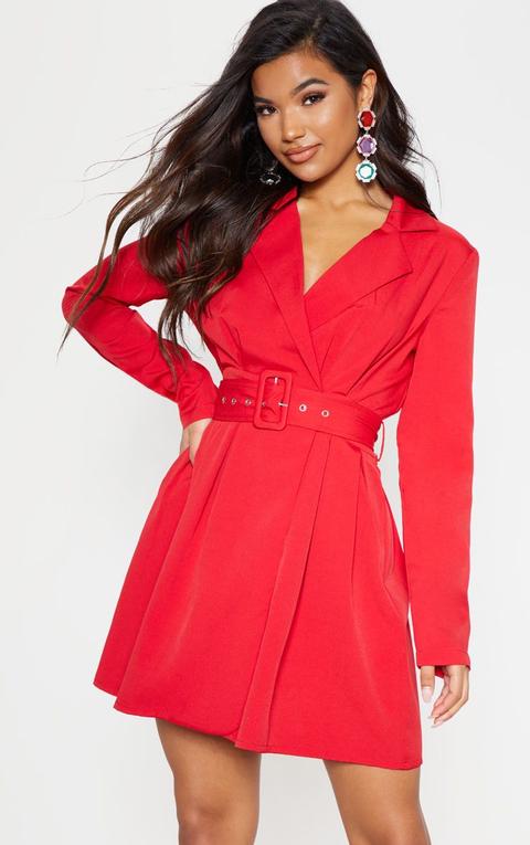 Robe Blazer Rouge À Ceinture, Rouge