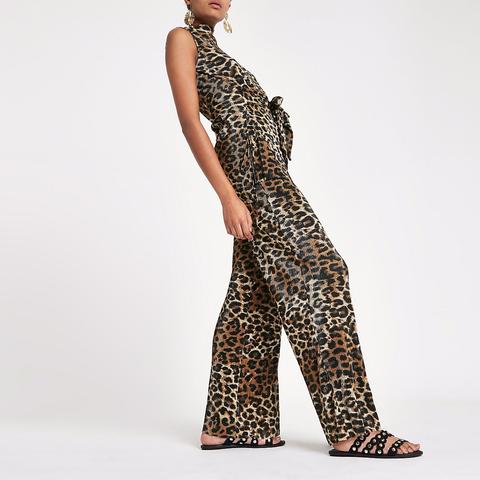 Brown Leopard Print Pleated Wide Leg Trousers