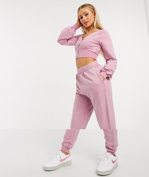 Asos Design Tracksuit Washed V Neck Zip Front Sweat / Jogger-pink