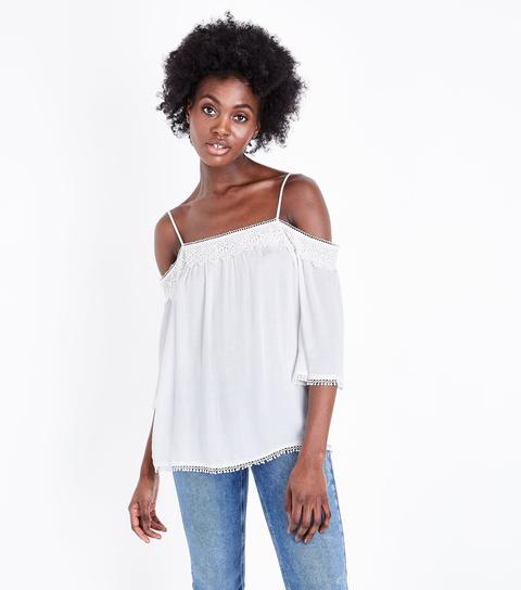 Off White Crochet Trim Cold Shoulder Blouse New Look