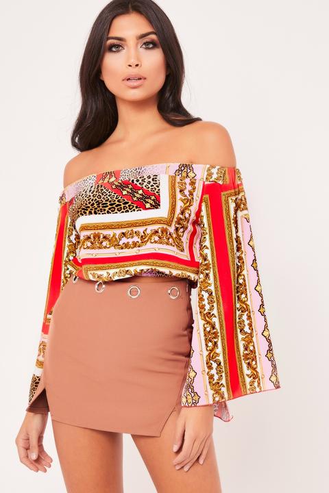 Keisha Red Baroque Print Bardot Top