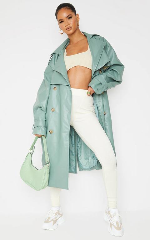 Duck Egg Blue Faux Leather Oversized Belted Midi Trench