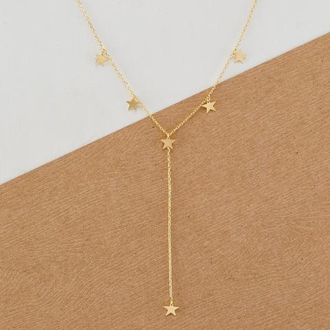 Gold Tone Dainty Chain Star Charm Lariat Necklace