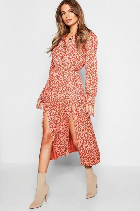 Robe Midi À Ceinture Boutonnée Et Col Léopard - Naturel - 42, Naturel