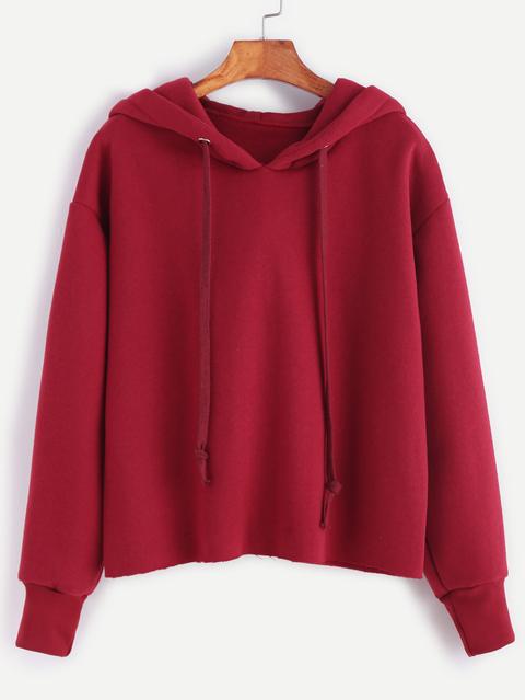 Burgundy Drawstring Hooded Raw Hem Sweatshirt